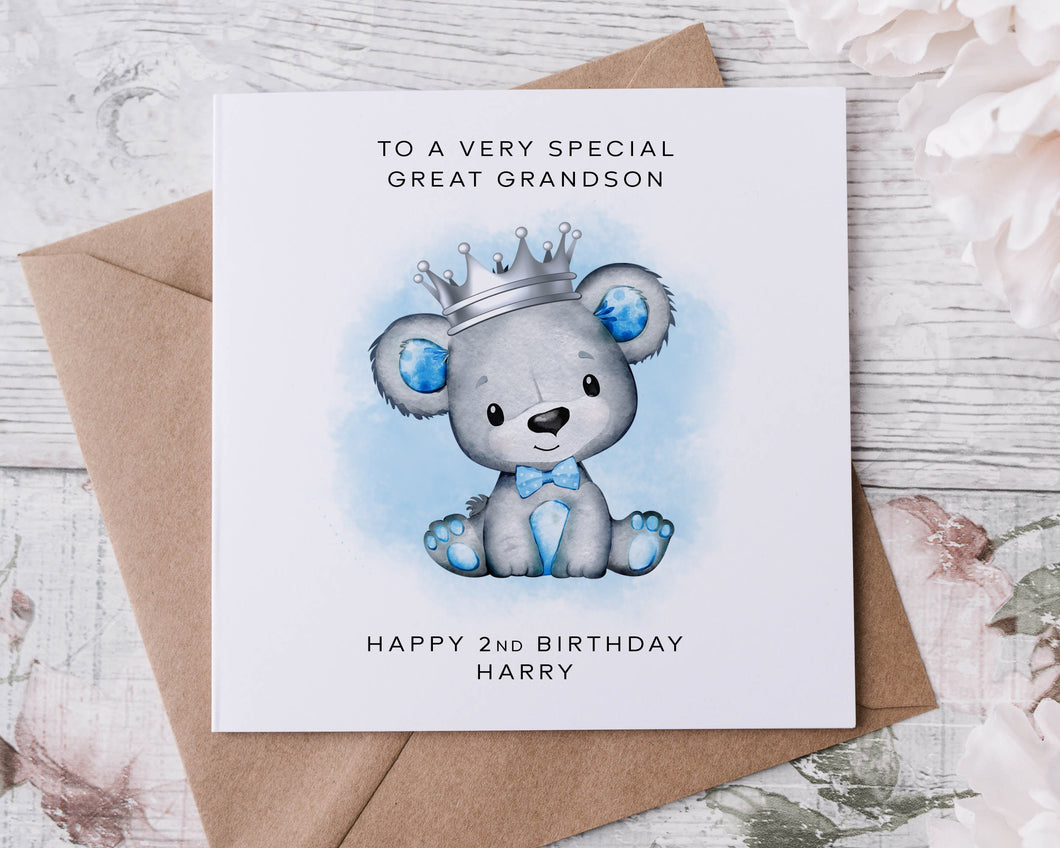 Personalised Special Great Grandson Birthday Card - Grey and Blue Teddy Bear Customised Name & Age Card for her 1st 2nd 3rd 4th 5th 6th