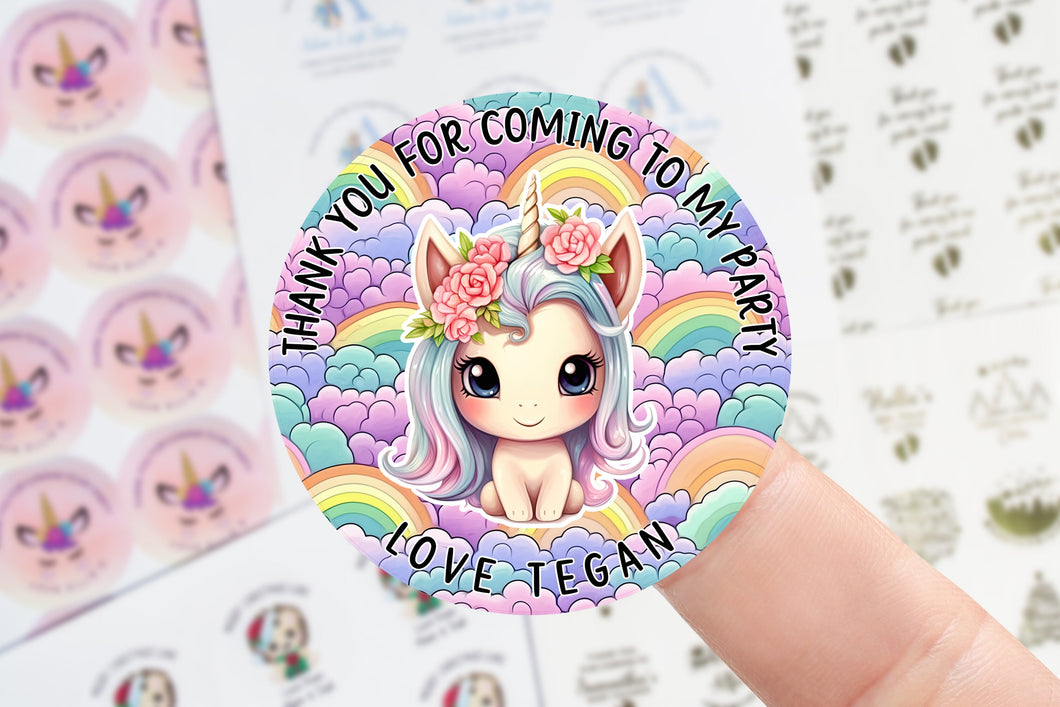 Personalised Unicorn Birthday Stickers -Birthday Party Bag Thank You Sticker Name and Age - Sweet Cone Stickers 37mm/45mm /51mm/64mm Kids