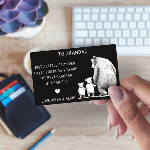 Personalised Grandad Bear Engraved Metal Wallet card for Fathers Day Twins or upto 4 Children Sentimental Keepsake Metal Wallet Card