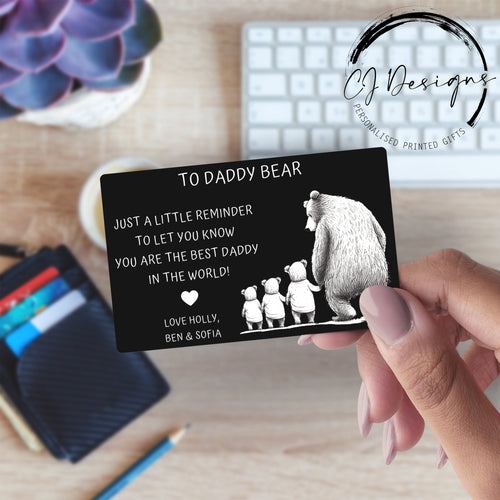 Personalised Daddy Bear Engraved Metal Wallet card for Fathers Day From upto 4 Children or Twins Sentimental Keepsake Metal Wallet