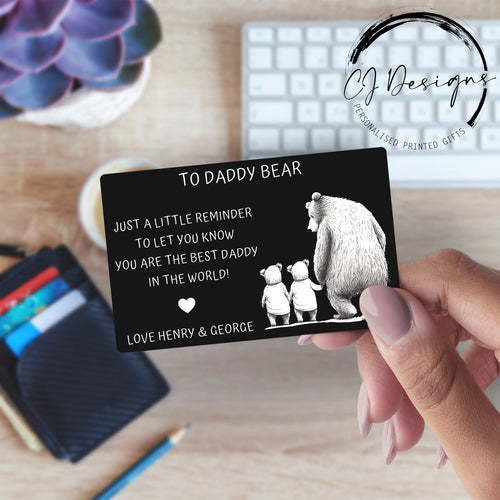 Personalised Daddy Bear Engraved Metal Wallet card for Fathers Day From Twins upto 4 Kids Sentimental Keepsake Metal Wallet Card for Father