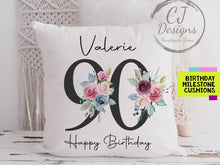 Load and play video in Gallery viewer, Personalised  90th Birthday Gift Milestone Cushion Keepsake - Black Floral Design White Super Soft Cushion Cover
