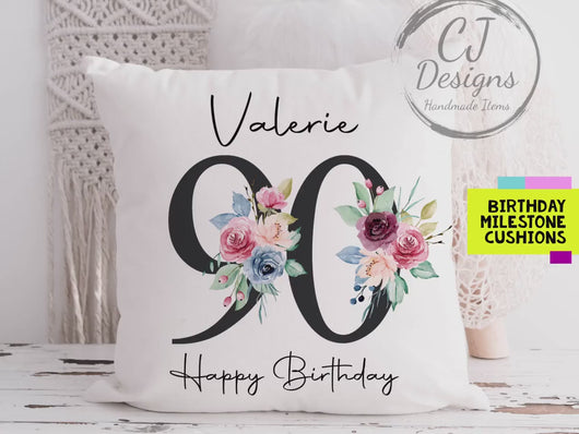 Personalised  90th Birthday Gift Milestone Cushion Keepsake - Black Floral Design White Super Soft Cushion Cover