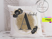 Load and play video in Gallery viewer, Personalised Letter &amp; Name Alphabet Cushion, Gold and Black Floral Theme | White Super soft Cushion | Personalised Gift
