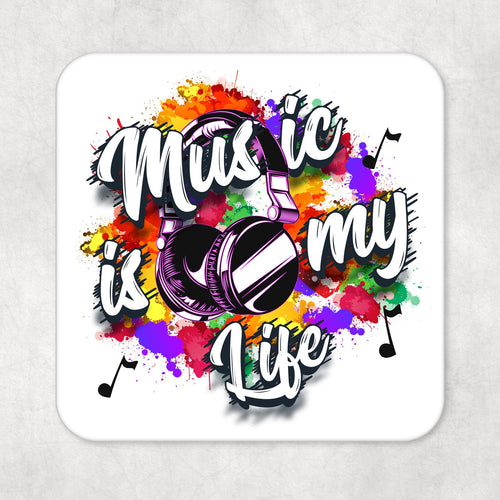Music Lovers Drinks Coaster Music is my Life with Pink Earphones