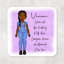 Load image into Gallery viewer, Personalised Name Drinks Coaster Doctor/Nurse/Carer True Hero with Black hair and Blue Scrubs 3 Hair styles available
