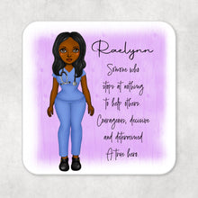 Load image into Gallery viewer, Personalised Name Drinks Coaster Doctor/Nurse/Carer True Hero with Black hair and Blue Scrubs 3 Hair styles available
