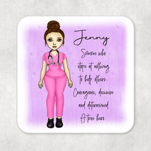 Load image into Gallery viewer, Personalised Name Drinks Coaster Doctor/Nurse/Carer True Hero with Brown hair and Pink Scrubs
