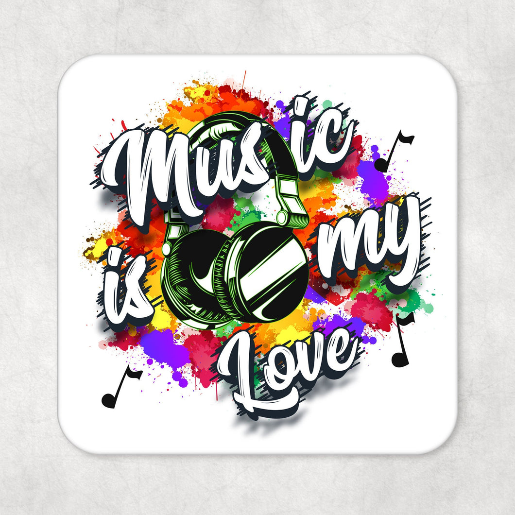 Music Lovers Drinks Coaster Music is my Love with Green Earphones