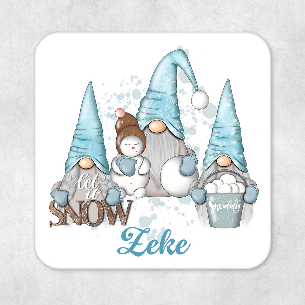 Personalised Name Blue Christmas Gnome Drinks Coaster Gonk