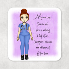 Load image into Gallery viewer, Personalised Name Drinks Coaster Doctor/Nurse/Carer True Hero with Red hair and Blue Scrubs
