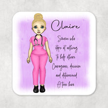 Load image into Gallery viewer, Personalised Name Drinks Coaster Doctor/Nurse/Carer True Hero with Blonde hair and Pink Scrubs
