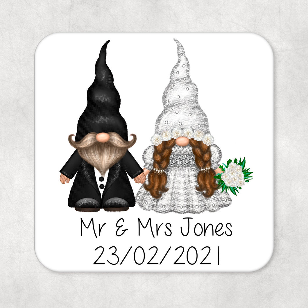 Personalised Bride & Groom Gnome Drinks Coaster Mr and Mrs Gonk