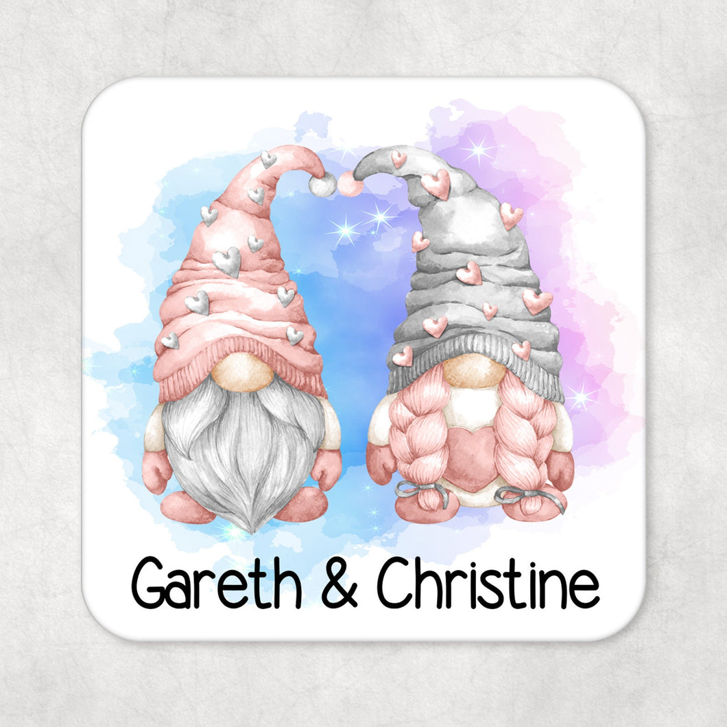 Personalised Valentine Couple Gnome Drinks Coaster Name Pink Love Gonk