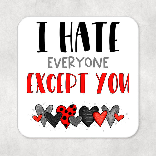 Adult Humour Drinks Coaster- I Hate Everyone Except You - Red