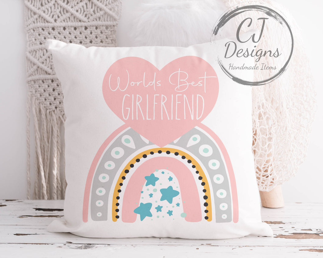 Worlds Best Girlfriend Cushion - Printed White Canvas, Nanny, Mum, Step Mum, Aunt, Friend, Neighbour Etc