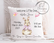 Load image into Gallery viewer, Personalised Rabbit New Baby Chistening Gift Keepsake White Super soft Cushion Cover Pink or Blue

