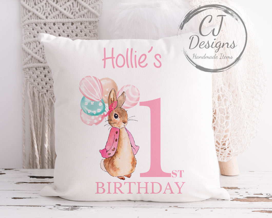 Personalised 1st Birthday Flopsy Rabbit Pink Water Colour White Super soft Cushion Cover Peter Rabbit ages 1-5