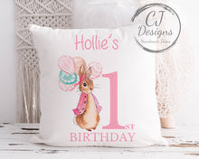 Load image into Gallery viewer, Personalised 1st Birthday Peter Rabbit Pink Water Colour White Super soft Cushion Cover Flopsy Rabbit ages 1-5
