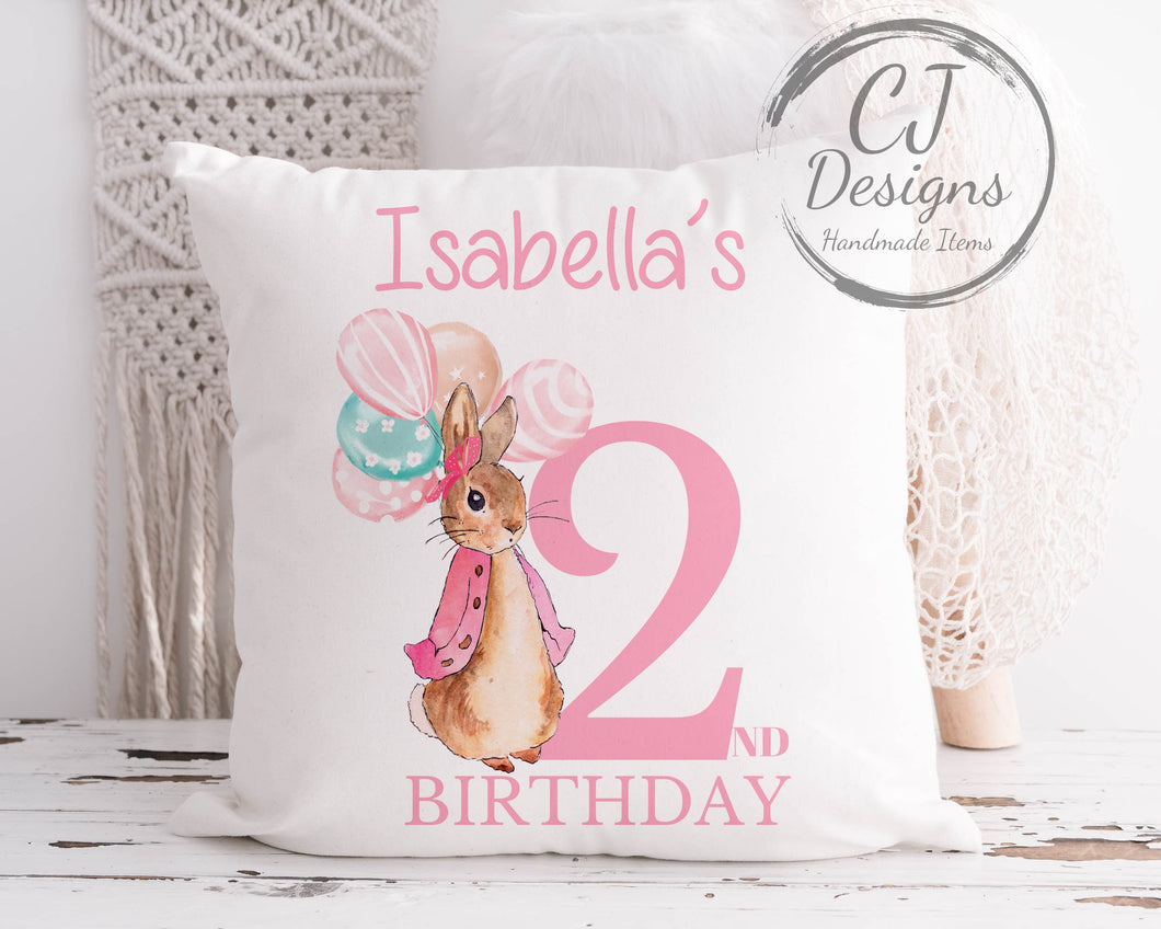 Personalised 2nd Birthday Flopsy Rabbit Pink Water Colour White Super soft Cushion Cover Peter Rabbit ages 1-5