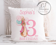 Load image into Gallery viewer, Personalised 1st Birthday Flopsy Rabbit Pink Water Colour White Super soft Cushion Cover Peter Rabbit ages 1-5
