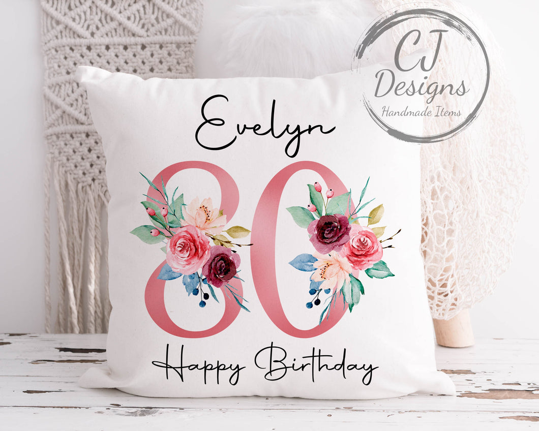 80th Birthday Gift Milestone Cushion Keepsake - Pink Floral Design White Super soft Cushion Cover