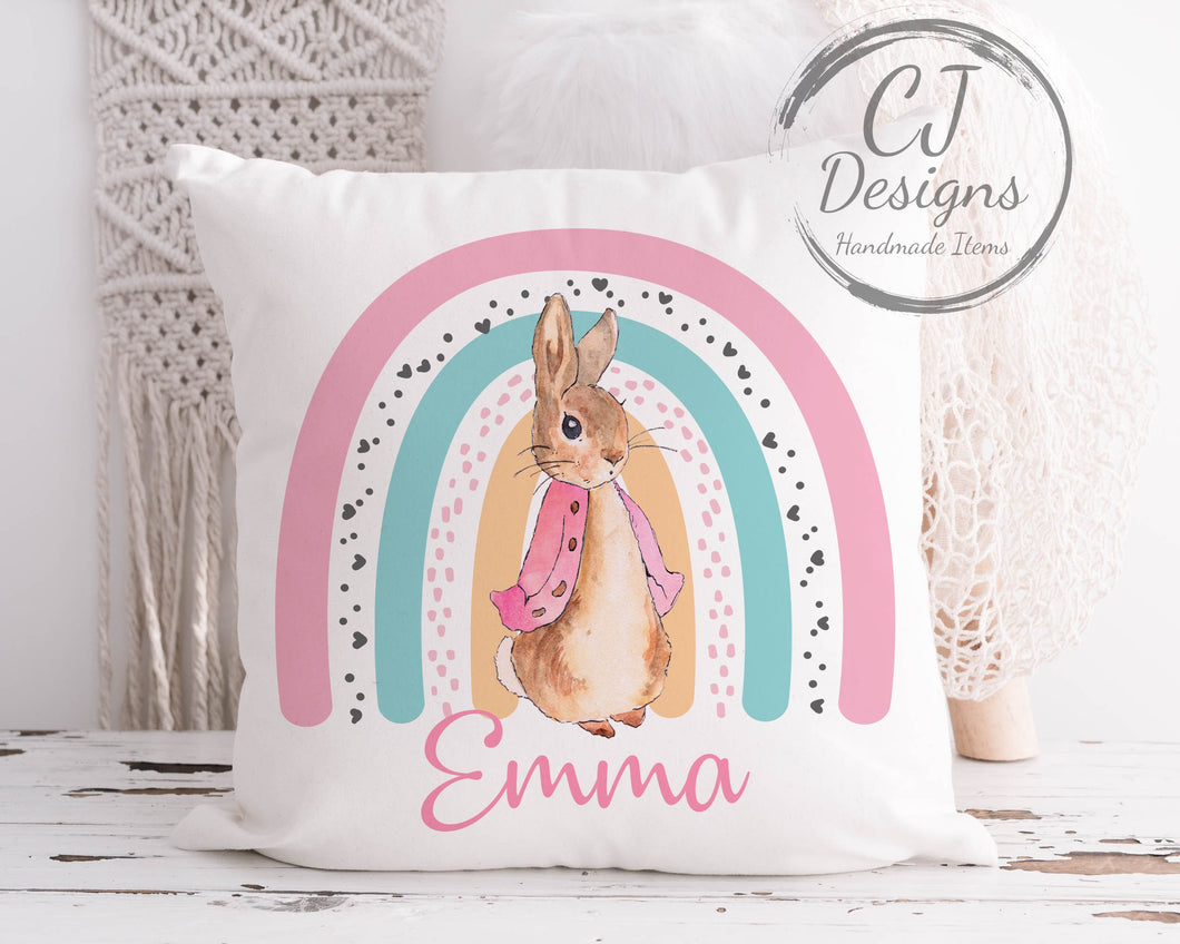 Personalised Flopsy Rabbit Pink Rainbow White Super soft Cushion Cover Peter Rabbit