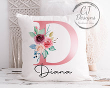 Load image into Gallery viewer, Personalised Initial &amp; Name Cushion Cover Keepsake - Pink Floral Design White Canvas Birthday Gift
