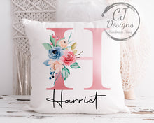 Load image into Gallery viewer, Personalised Initial &amp; Name Cushion Cover Keepsake - Pink Floral Design White Super soft Birthday Gift
