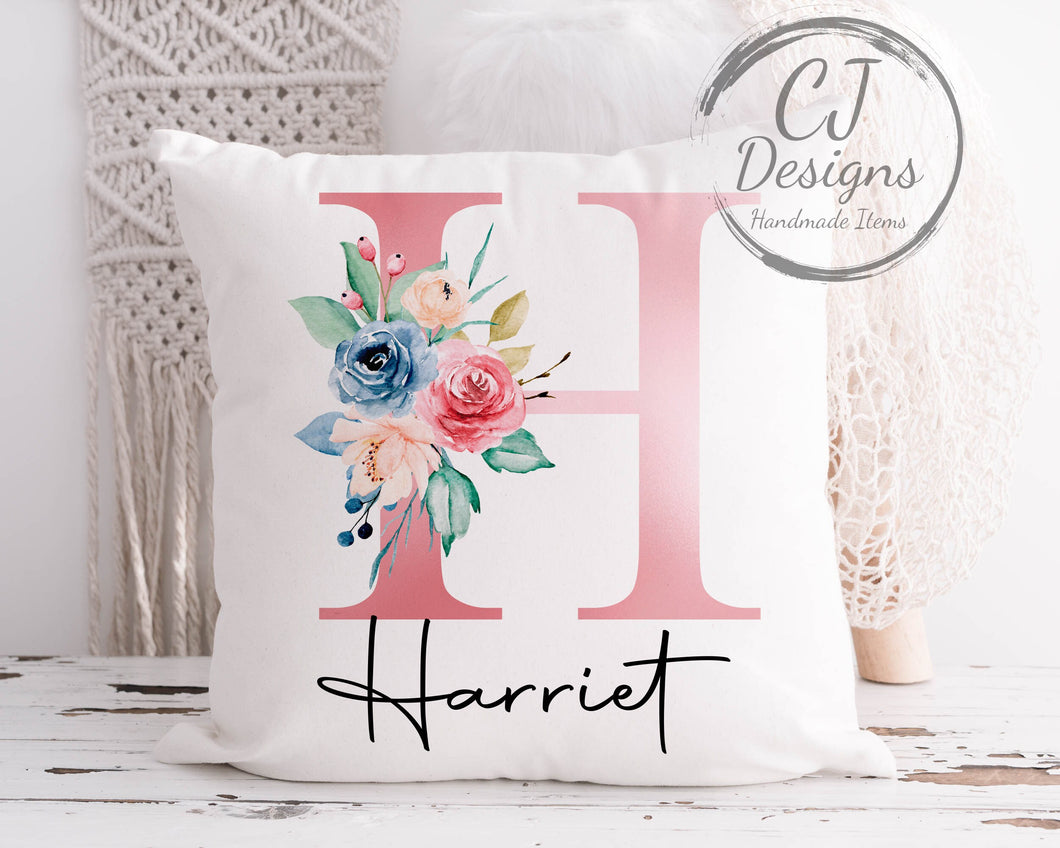 Personalised Initial & Name Cushion Cover Keepsake - Pink Floral Design White Super soft Birthday Gift