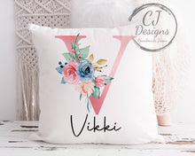 Load image into Gallery viewer, Personalised Initial &amp; Name Cushion Cover Keepsake - Pink Floral Design White Super soft Birthday Gift
