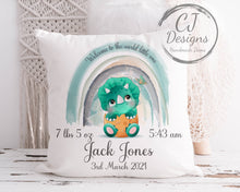 Load image into Gallery viewer, Personalised Dinosaur Cushion Cute New Baby Chistening Gift Keepsake White Canvas Cushion Cover Pink or Green
