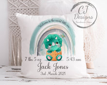 Load image into Gallery viewer, Personalised Dinosaur Cushion Cute New Baby Chistening Gift Keepsake White Canvas Cushion Cover Green or Pink
