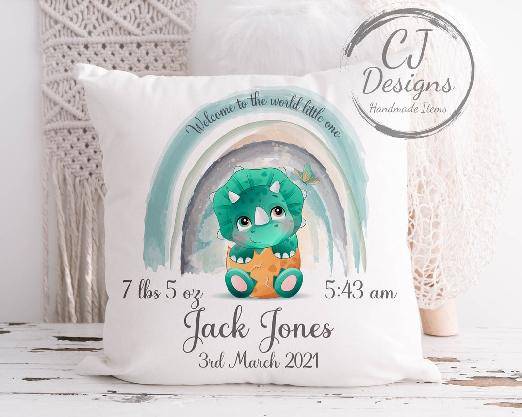 Personalised Dinosaur Cushion Cute New Baby Chistening Gift Keepsake White Canvas Cushion Cover Green or Pink