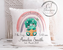 Load image into Gallery viewer, Personalised Dinosaur Cushion Cute New Baby Chistening Gift Keepsake White Canvas Cushion Cover Green or Pink
