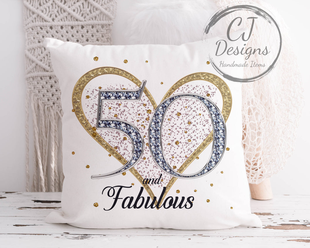 50th Birthday Gift Milestone Cushion - 50 and Fabulous White Super soft Cushion Cover