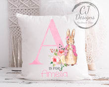 Load image into Gallery viewer, Personalised Flopsy Rabbit Pink Water Colour White Super soft Cushion Cover Peter Rabbit
