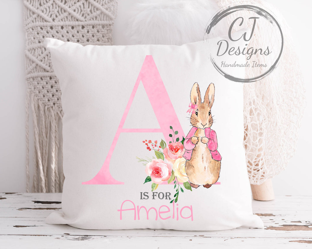 Personalised Flopsy Rabbit Pink Water Colour White Super soft Cushion Cover Peter Rabbit