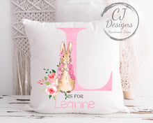 Load image into Gallery viewer, Personalised Flopsy Rabbit Pink Water Colour White Super soft Cushion Cover Peter Rabbit
