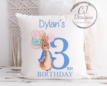 Load image into Gallery viewer, Personalised 2nd Birthday Flopsy Rabbit Pink Water Colour White Super soft Cushion Cover Peter Rabbit ages 1-5

