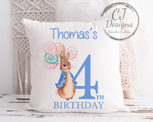 Load image into Gallery viewer, Personalised 1st Birthday Peter Rabbit Pink Water Colour White Super soft Cushion Cover Flopsy Rabbit ages 1-5
