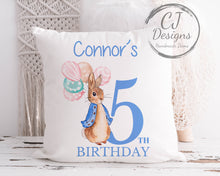 Load image into Gallery viewer, Personalised 1st Birthday Flopsy Rabbit Pink Water Colour White Super soft Cushion Cover Peter Rabbit ages 1-5
