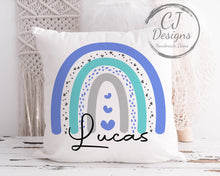 Load image into Gallery viewer, Personalised Rainbow Name Cushion White Super soft Home Decor Blue or Pink
