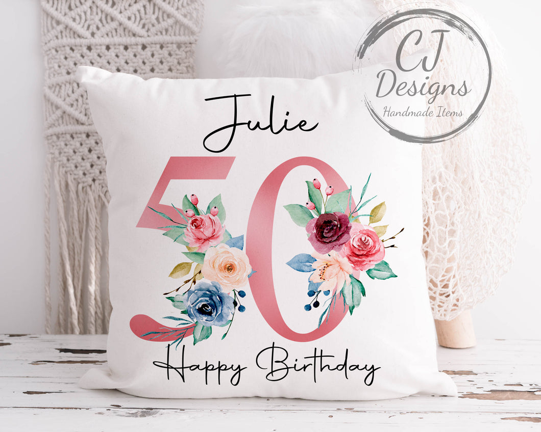 50th Birthday Gift Milestone Cushion - Pink Floral Design White Super soft Cushion Cover