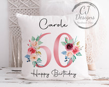 Load image into Gallery viewer, 50th Birthday Gift Milestone Cushion - Pink Floral Design White Super soft Cushion Cover
