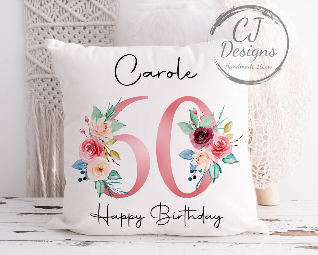 60th Birthday Gift Milestone Cushion - Pink Floral Design White Super soft Cushion Cover