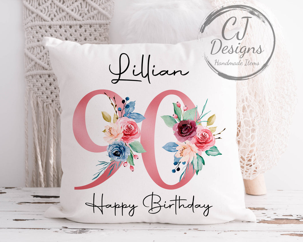 90th Birthday Gift Milestone Cushion Keepsake - Pink Floral Design White Super Soft Cushion Cover