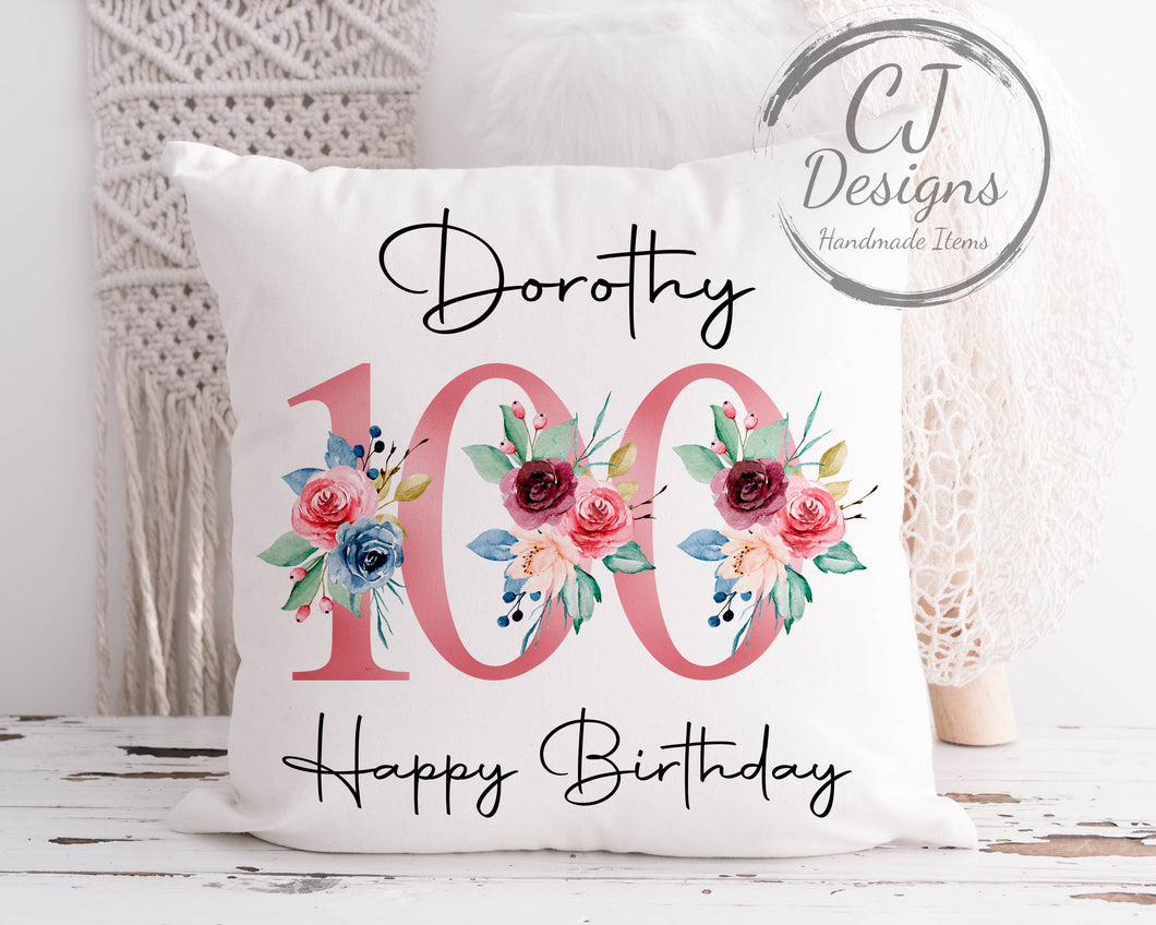100th Birthday Gift Milestone Cushion Keepsake - Pink Floral Design White Super Soft Cushion Cover