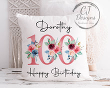 Load image into Gallery viewer, 90th Birthday Gift Milestone Cushion Keepsake - Pink Floral Design White Super Soft Cushion Cover
