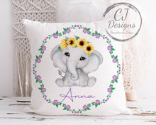 Load image into Gallery viewer, Personalised Elephant Cushion Floral Design with Sunflowers White Super soft Cushion Cover

